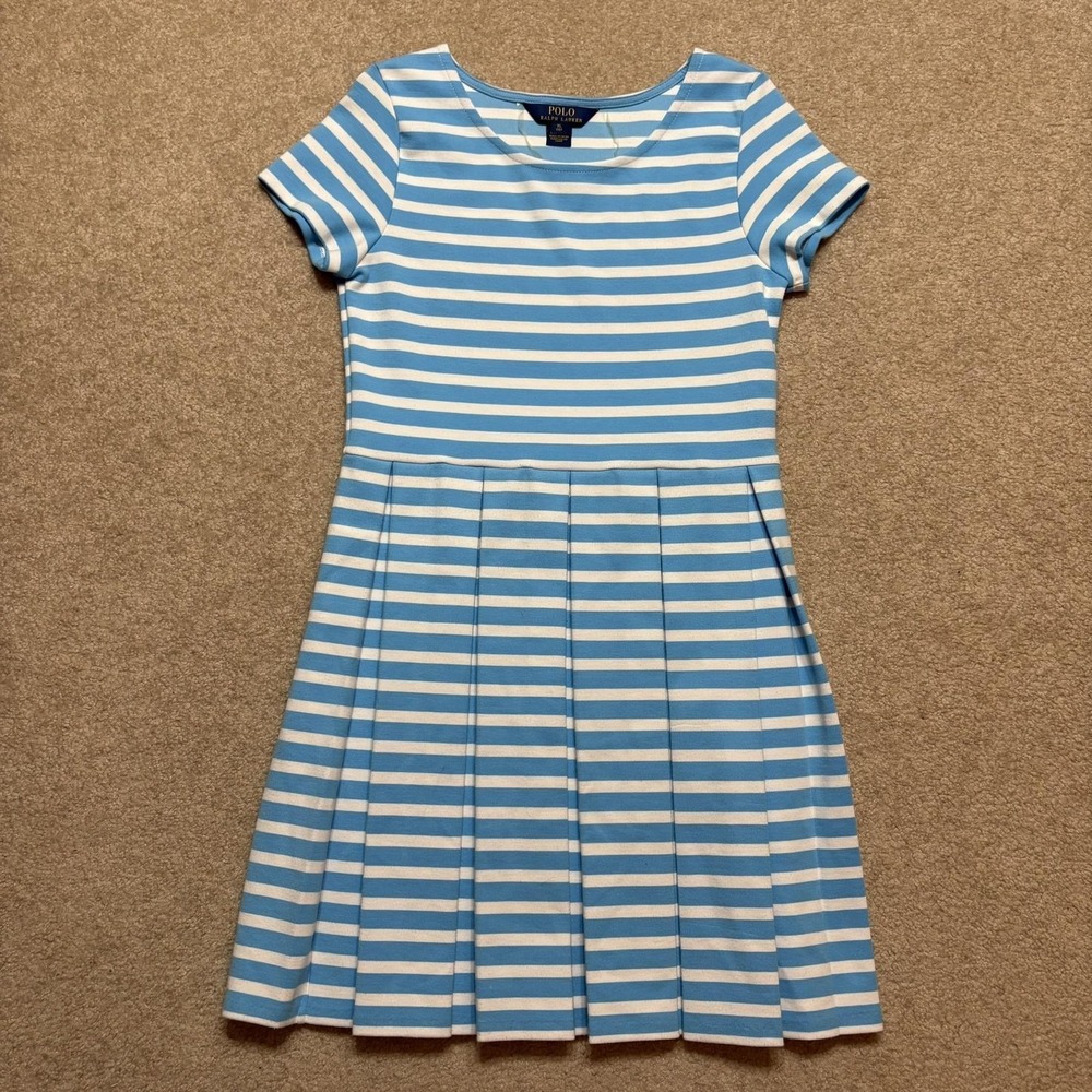 Polo Ralph Lauren Striped Fit & Flare Dress Girls XL 16 Blue White Pleated Skirt